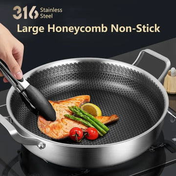 Flat Bottom Double Sided Laser Coated Honeycomb Layer Frying Pan With Lid & Dual Handle