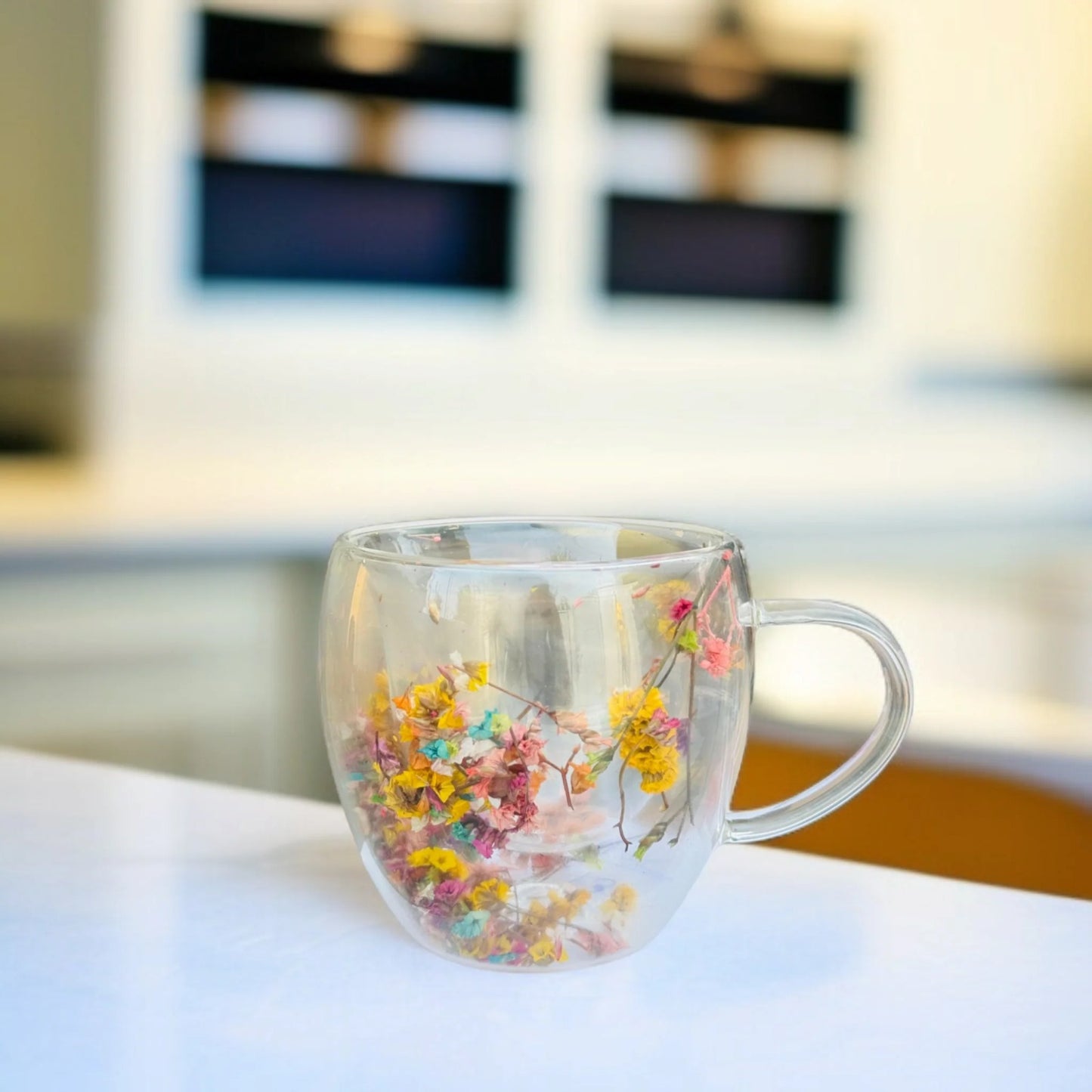 Set of 6 - Mini Double Wall Glass Mug with Dry Flowers Inside