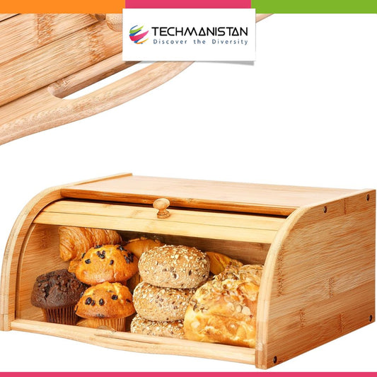 Bamboo Wooden Bread Box – Roll-Top Kitchen Storage Box