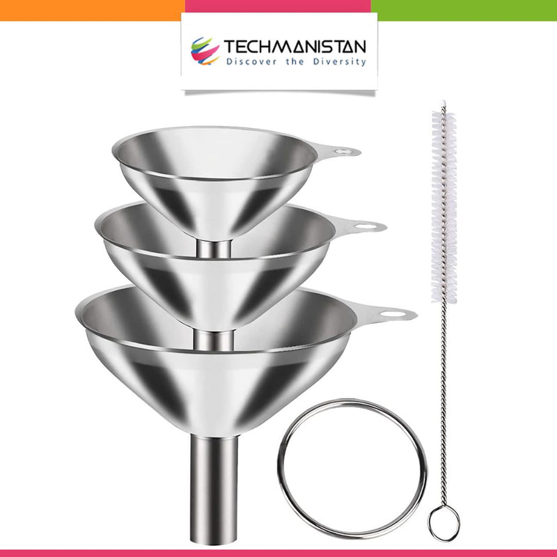 3Pcs Stainless Steel Kitchen Funnel Set with Cleaning Brush – Large, Medium & Small