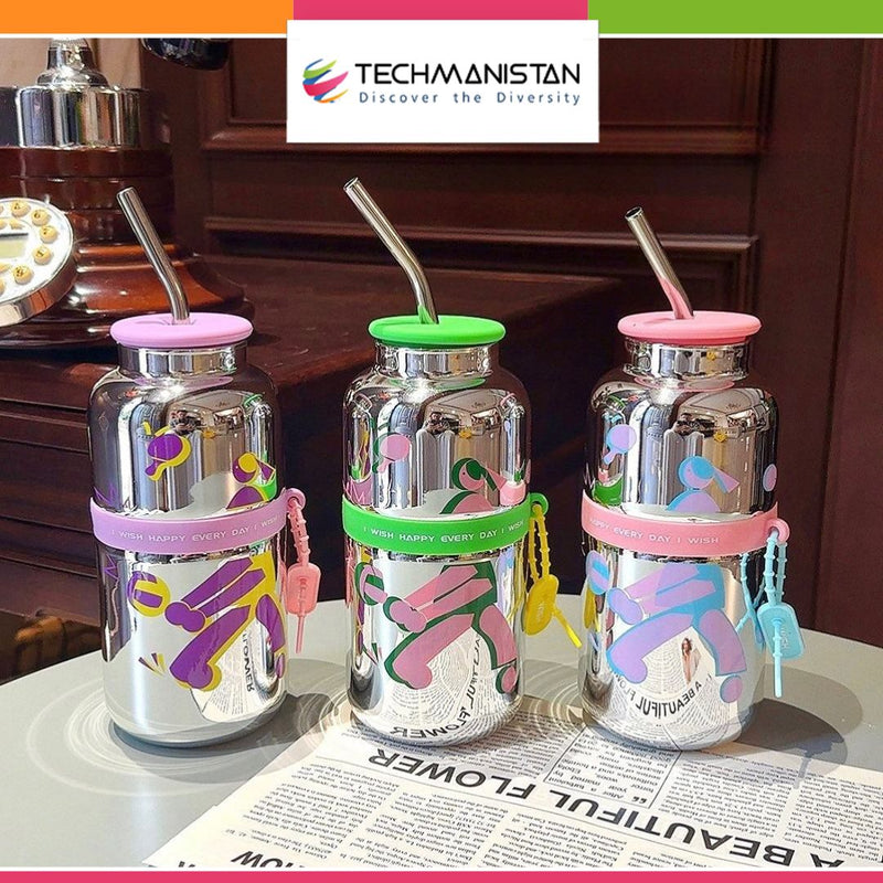 Random Color Water Bottle with Stainless Steel Straw and Silicone Lid
