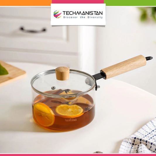 Glass Pot With Long Wooden Handle & Glass Lid