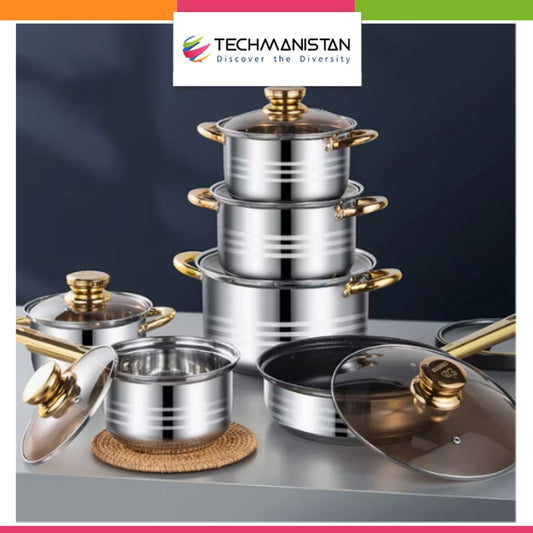 12-Piece Classic Stainless Steel Golden Handles Cookware Set