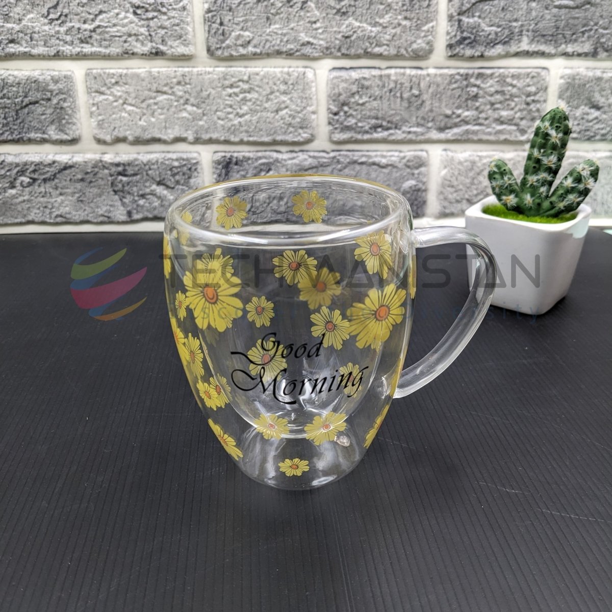 Double Wall Glass Mug with Flower Print - Techmanistan in Pakistan