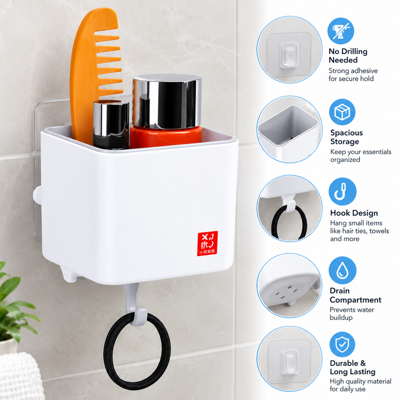 Wall-Mounted Bathroom Organizer with Drainage and Hook