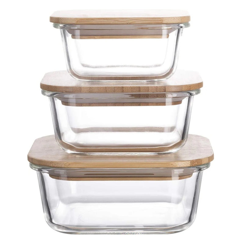 Set of 3 Glass Oven-Safe Containers with Bamboo Wooden Lids