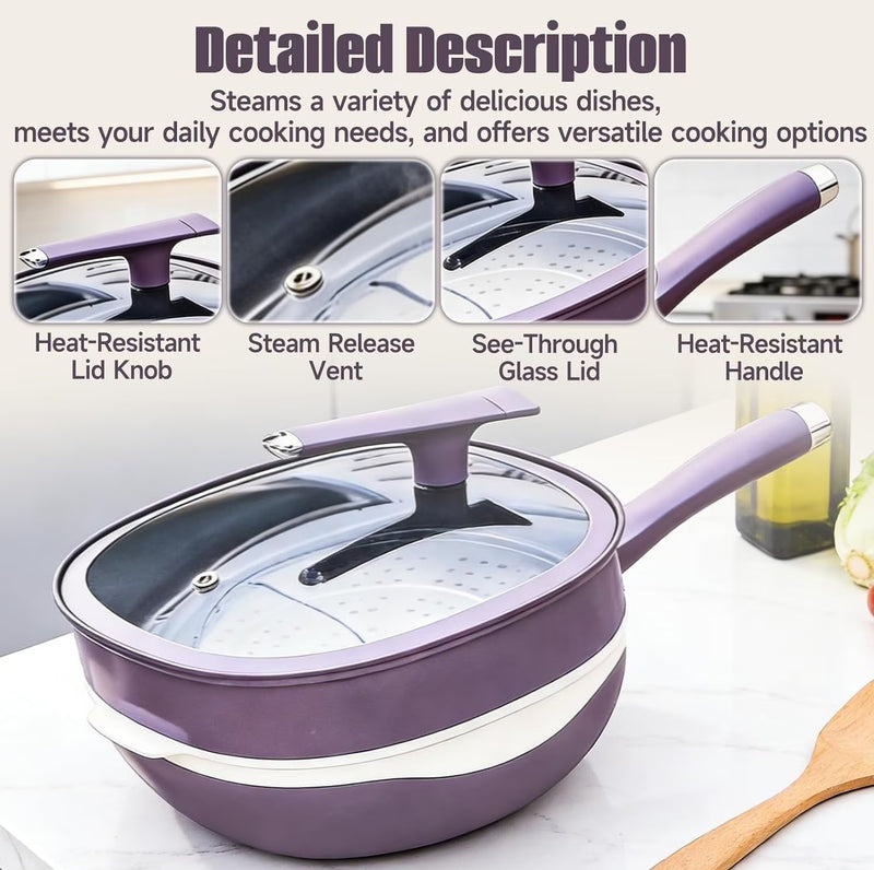 12-Inch Titanium Alloy Nonstick Pot with Lid & Steamer – Purple