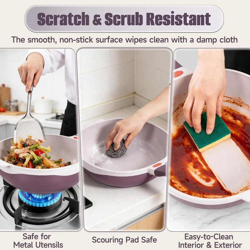 12-Inch Titanium Alloy Nonstick Pot with Lid & Steamer – Purple