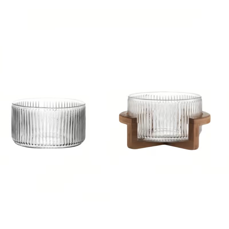 Ribbed Glass Salad Bowl with Wooden Stand, Mixing Bowl