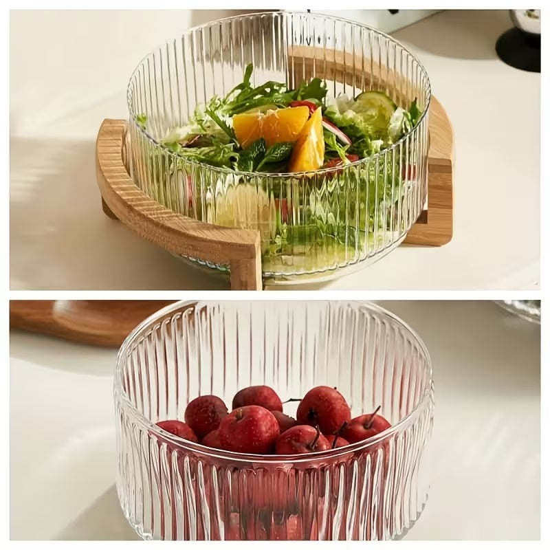 Ribbed Glass Salad Bowl with Wooden Stand, Mixing Bowl