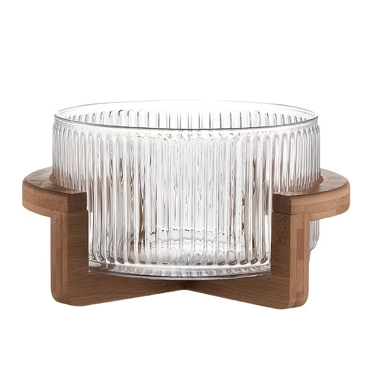 Ribbed Glass Salad Bowl with Wooden Stand, Mixing Bowl