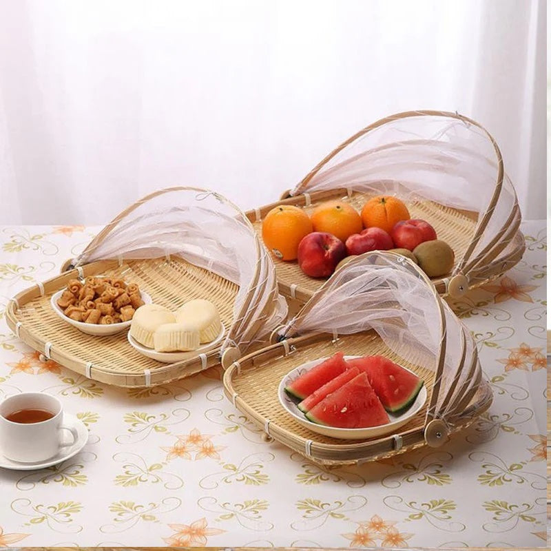 Set of 3 - Food Basket With Mesh Net Cover, Tent Food Serving Basket Techmanistan