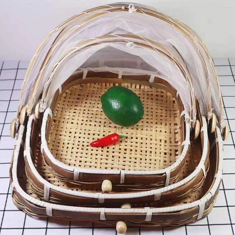 Set of 3 - Food Basket With Mesh Net Cover, Tent Food Serving Basket Techmanistan