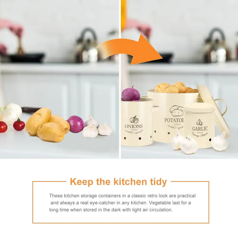 Set of 3 - Antique White Vintage Vegetable Metal Kitchen Storage Canisters – Aloo Pyaz Organiser