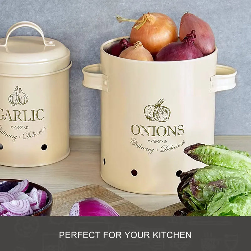 Set of 3 - Antique White Vintage Vegetable Metal Kitchen Storage Canisters – Aloo Pyaz Organiser