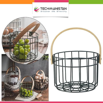 Iron Wire Egg Basket with Wooden Handle - Techmanistan in Pakistan