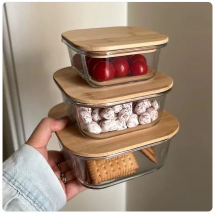 Set of 3 Glass Oven-Safe Containers with Bamboo Wooden Lids