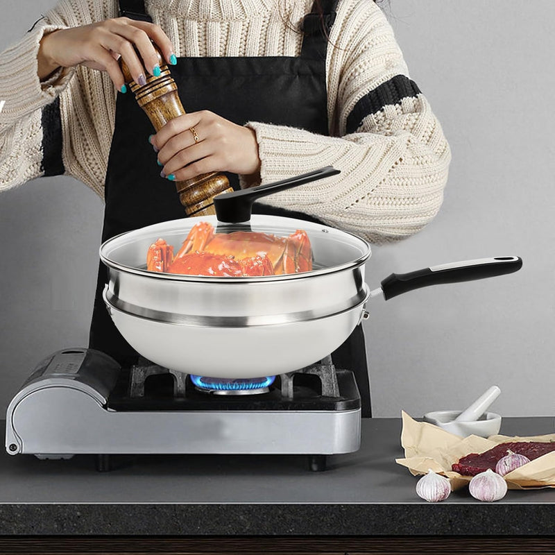 34cm Double Sided Laser Coated Stainless Steel Wok with Steamer