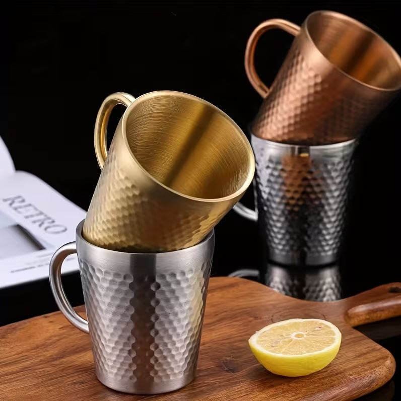 Stainless Steel Hammered Texture Glass with Handle - Coffee Cup