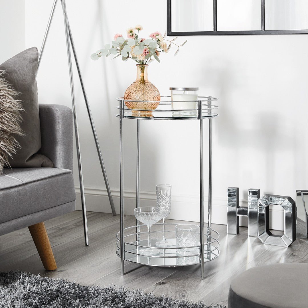 Multipurposed Chrome Effect 2 Tier Metal Tubes Glass Shelves Round Stand - Techmanistan