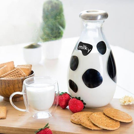 1000ml Cow Pattern Glass Milk Bottle with Steel Lid