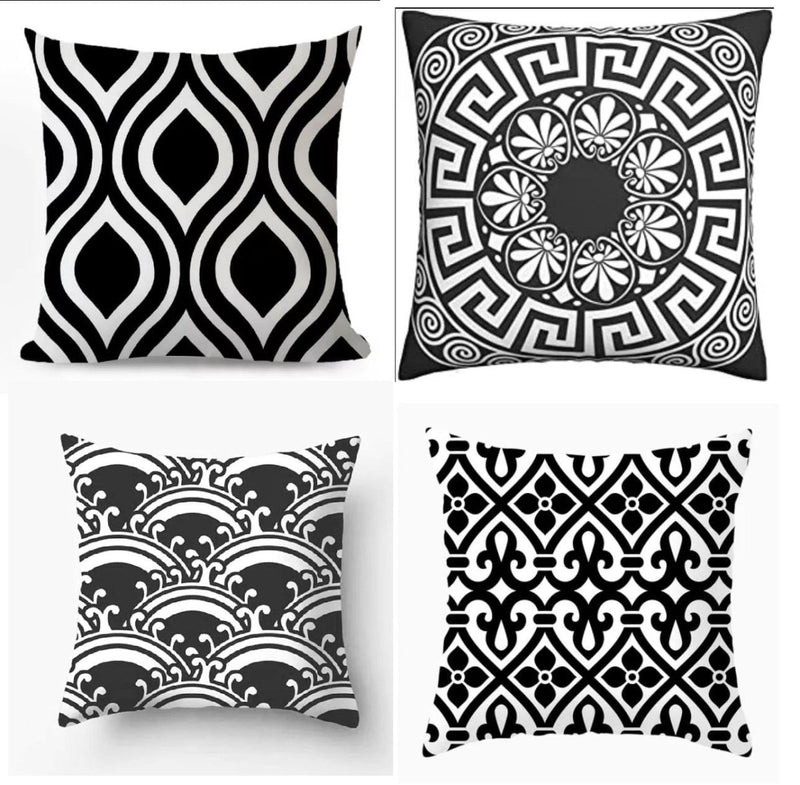Pack of 6 - Random Design Black & White Geometric Cushion Covers, Throw Pillow, Decorative Case, Without Filling, Bedroom - Techmanistan in Pakistan