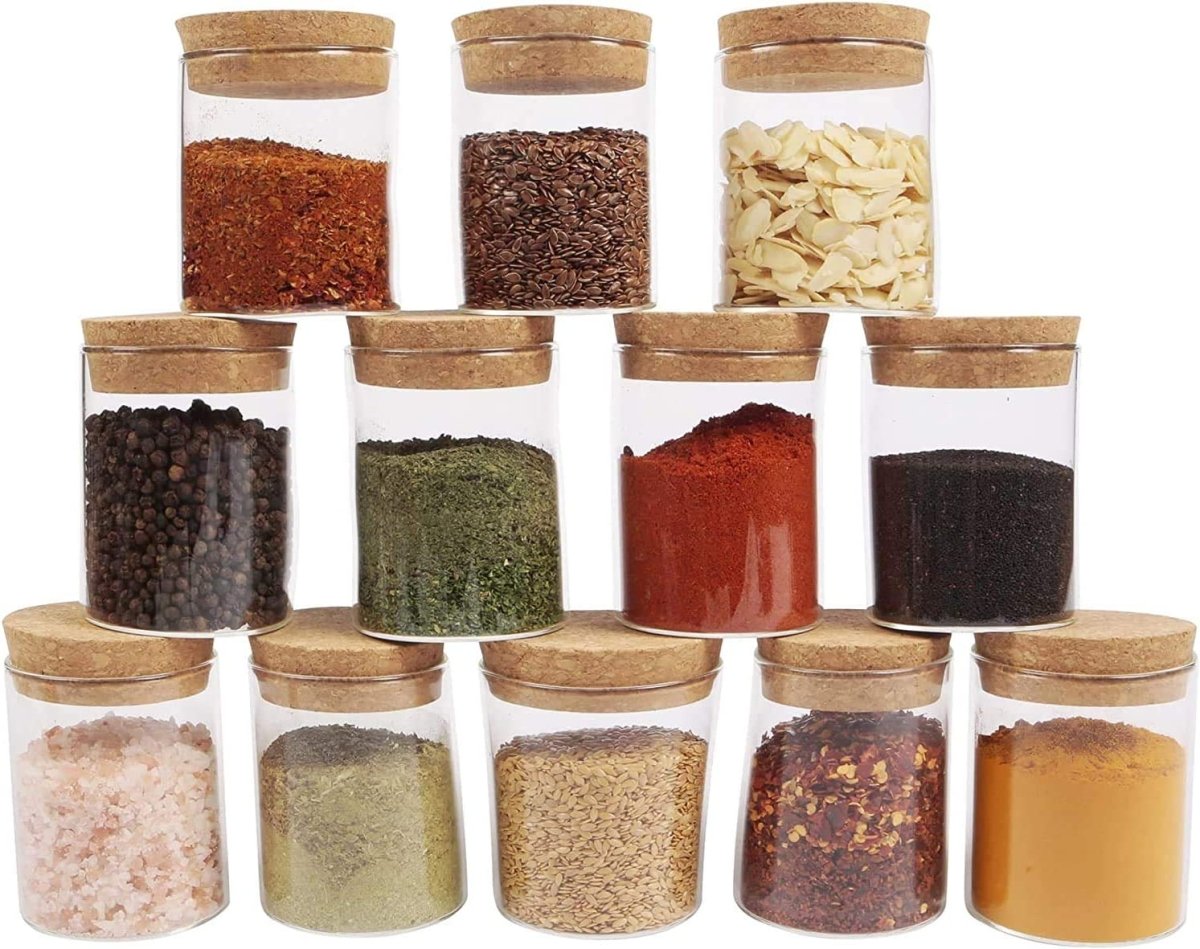 Pack of 6 - Small Glass Food Jar with Cork Lid and Airtight Sealing, Little Clear Canister Jar for Kitchen Storage, Mini Cork Bottle - Techmanistan in Pakistan