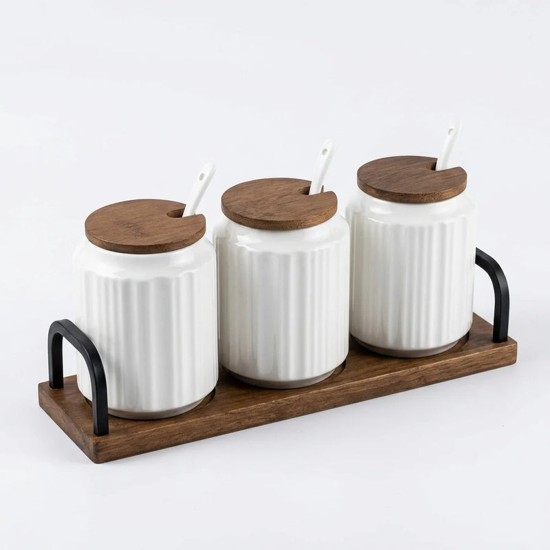 Ceramic Seasoning Jar Set with Wooden Tray
