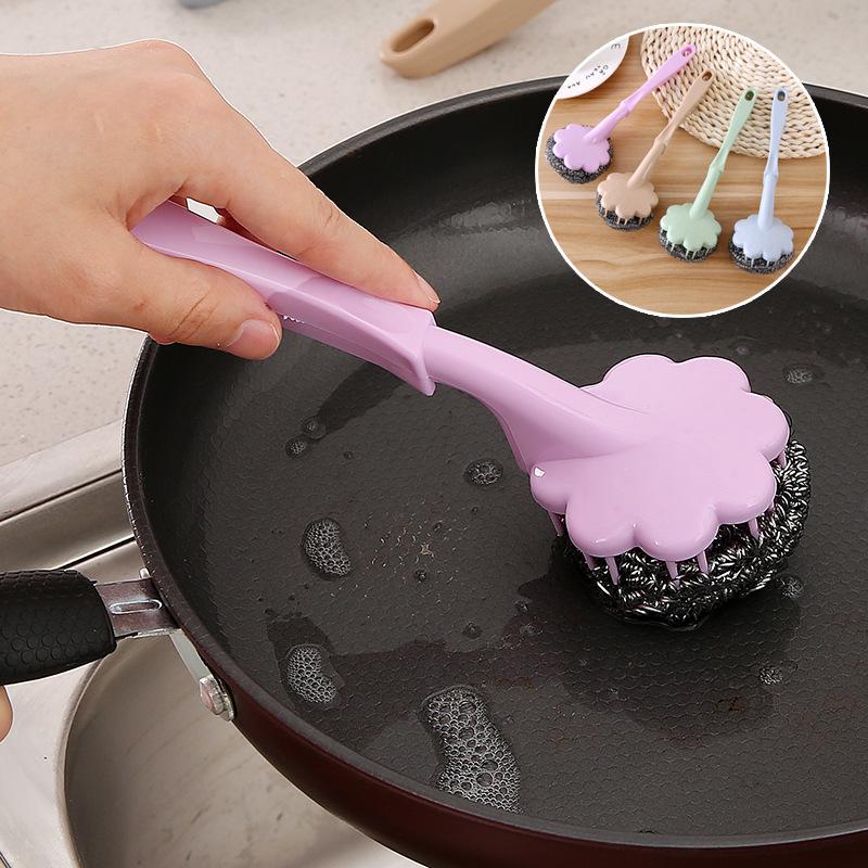 Random Color - Wire Ball With Long Handle, Stainless Steel Long Handle Wire Ball Brush, Steel Scotch Brite With Handle Kitchen Hanging Cleaning Brush Washing Tool - Techmanistan in Pakistan