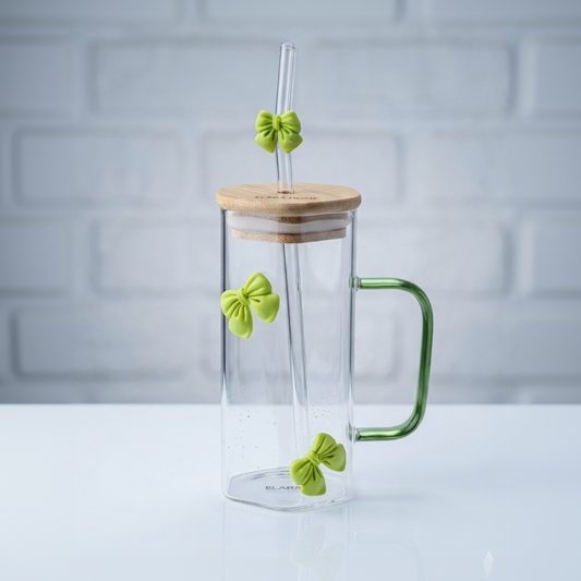 Green Bow Hexagonal Glass Tumbler with Straw