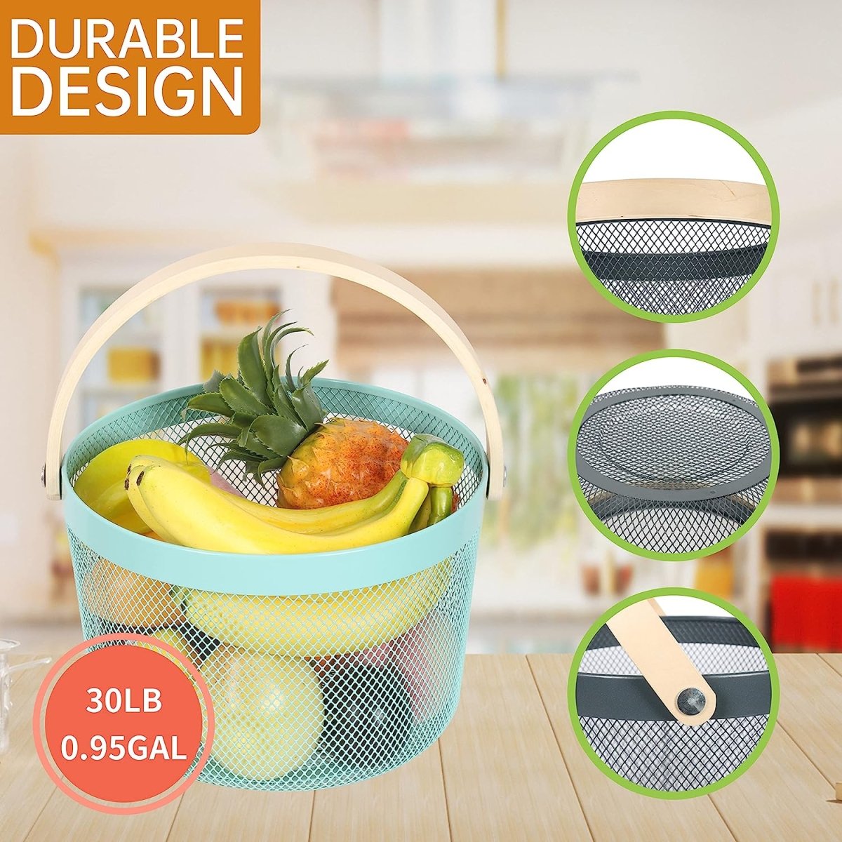 Round Metal Mesh Basket with Wooden Handle - Techmanistan in Pakistan