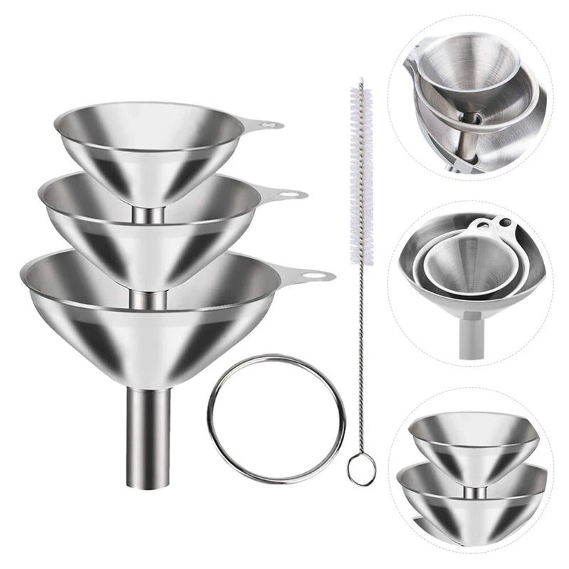 3Pcs Stainless Steel Kitchen Funnel Set with Cleaning Brush – Large, Medium & Small