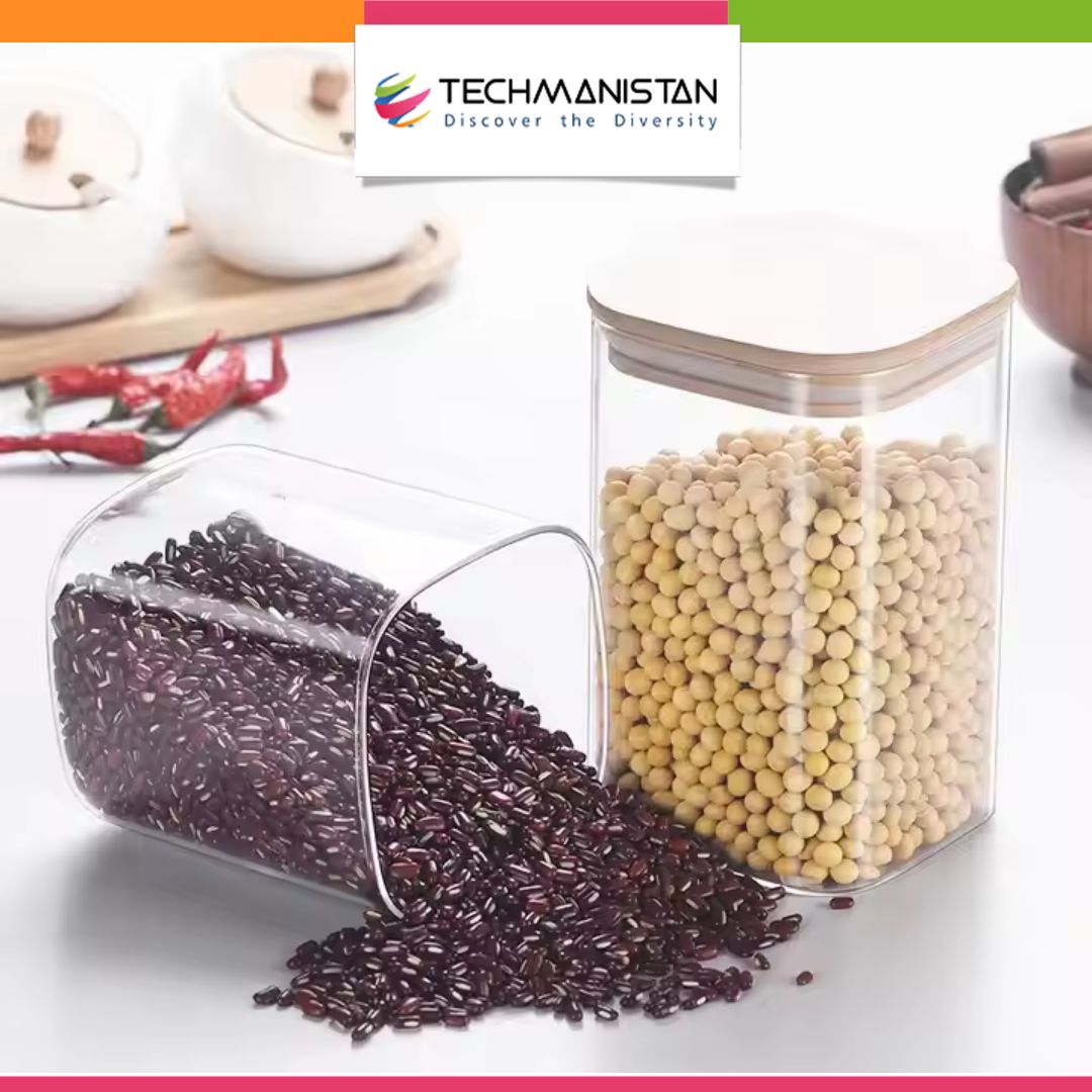 Set of 3 - Square Glass Kitchen Jars With Wooden Bamboo Lids - Techmanistan in Pakistan