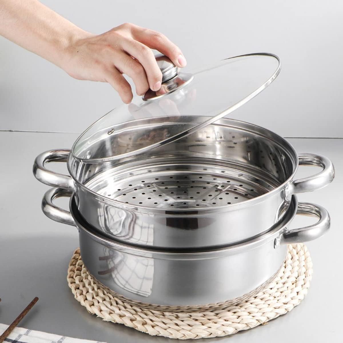 Stainless Steel 2 Layers Steamer Pot With Glass Lid - Techmanistan in Pakistan