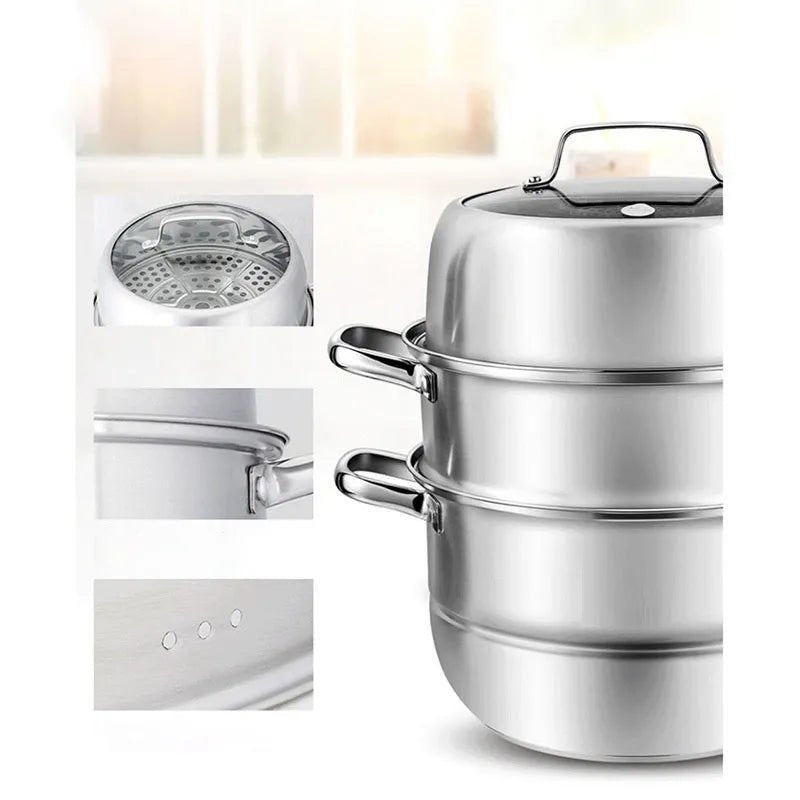 Stainless Steel Three Layers Steamer Pot With Glass Lid - Techmanistan in Pakistan