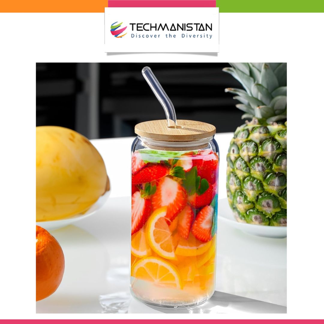 Glass tumbler with bamboo lid and glass straw — affordable kitchen gadget under Rs. 1,000 at Techmanistan