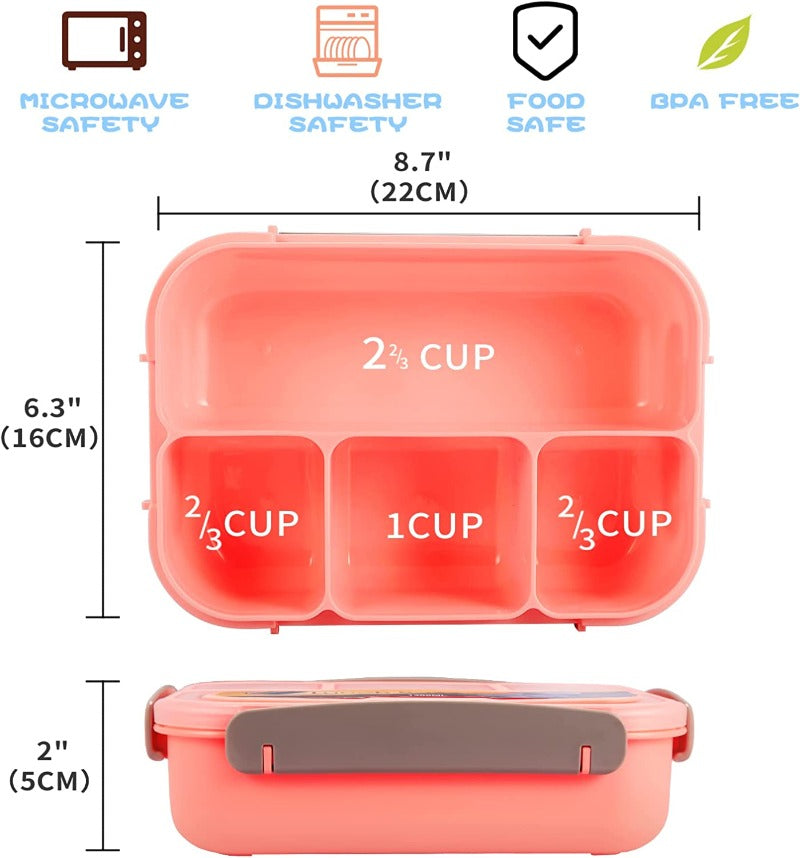 4-Compartment Kids Bento Lunch Box with Fork in pink, blue, and sea green, showcasing leakproof design and multiple compartments."