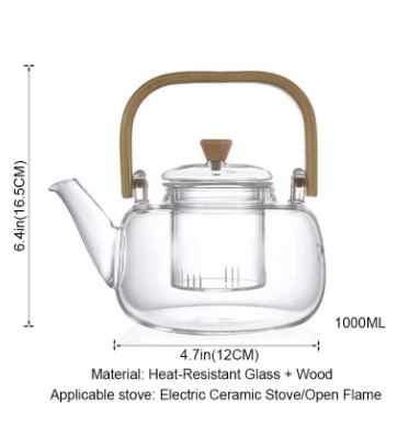 1000ml Glass Tea Kettle with Glass Filter & Wooden Handle