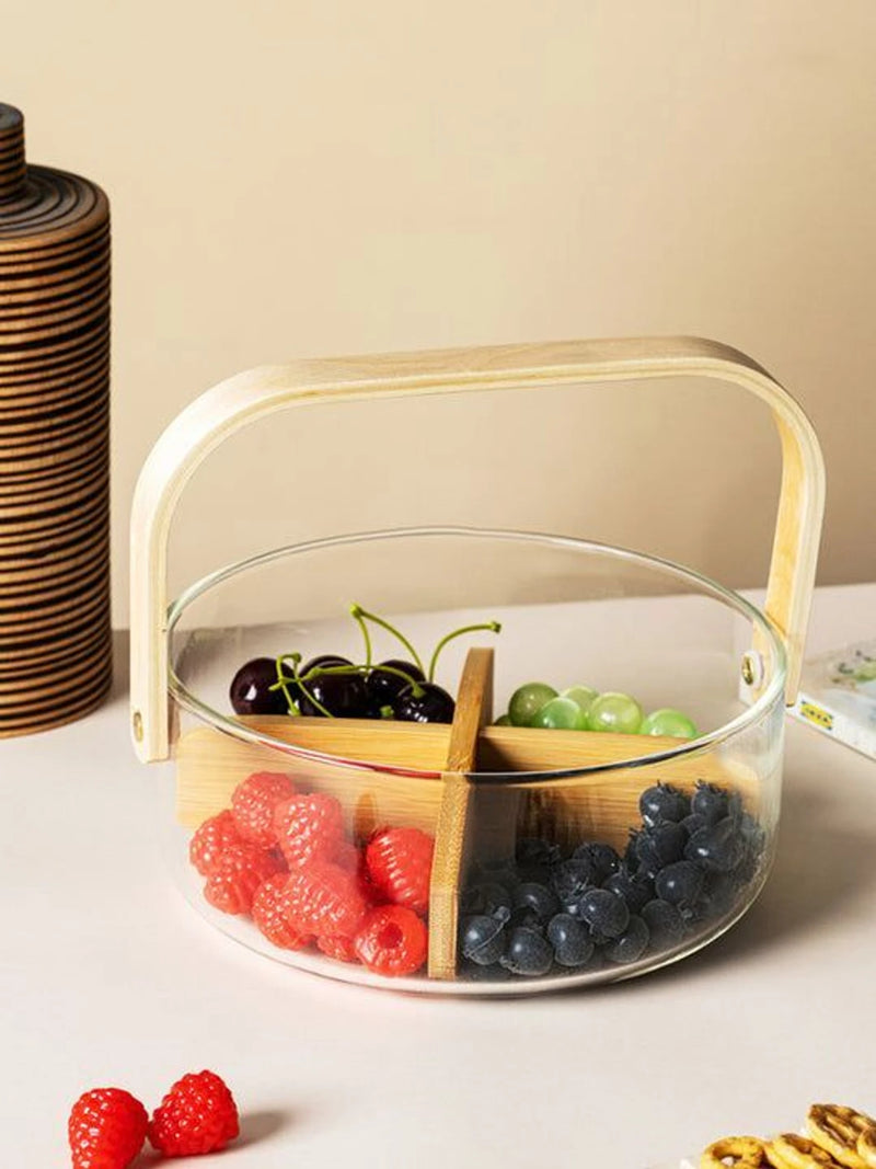 2200ml Nordic Style Glass Basket with Wooden Handle & Divider