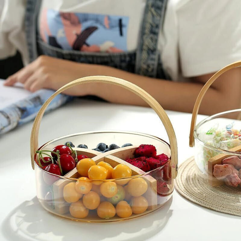 2200ml Nordic Style Glass Basket with Wooden Handle & Divider
