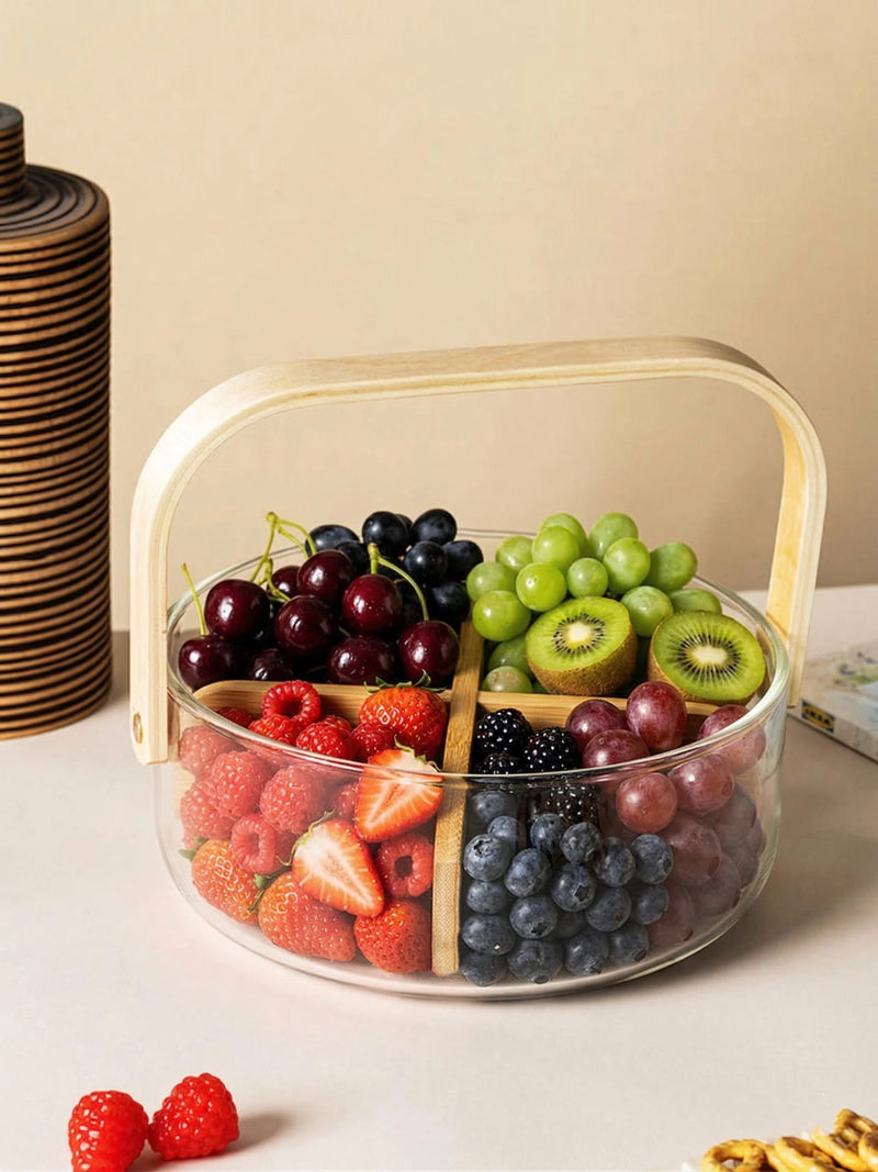 2200ml Nordic Style Glass Basket with Wooden Handle & Divider