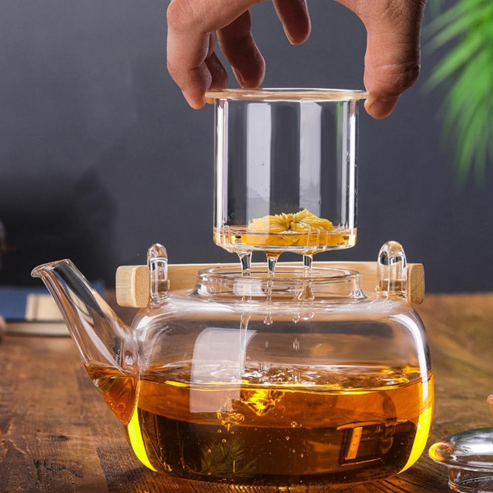 1000ml Glass Tea Kettle with Glass Filter & Wooden Handle - Techmanistan in Pakistan