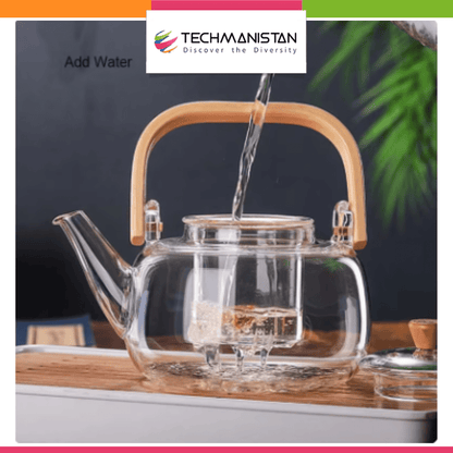 1000ml Glass Tea Kettle with Glass Filter & Wooden Handle - Techmanistan in Pakistan