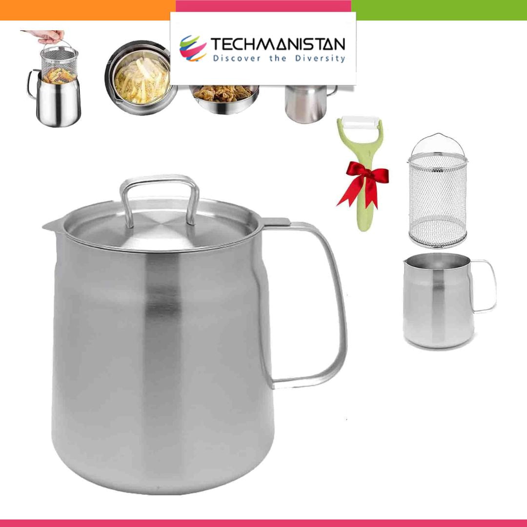 Oil Filter Pot with Strainer and Frying Basket with Free Peeler