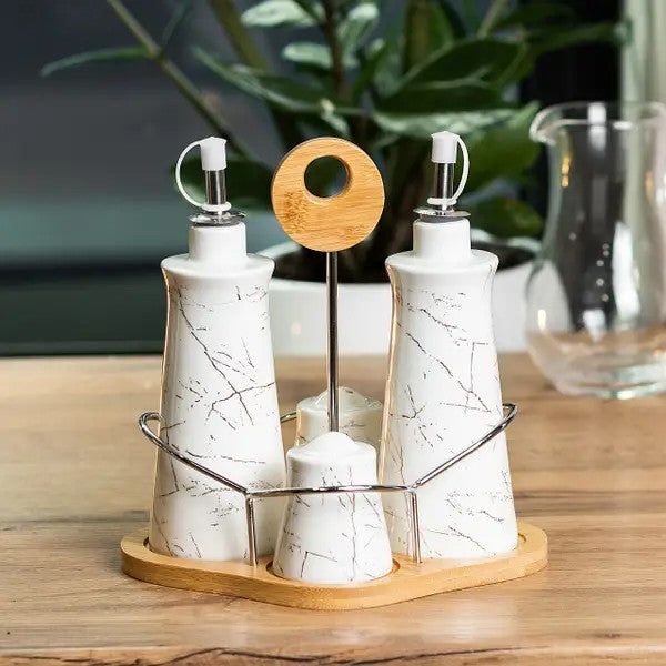 Set of 4 - Condiment Set with Wooden Base