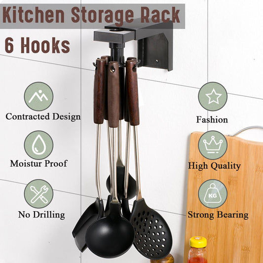 Wall Mounted Self Adhesive Kitchen 360? Rotating 6 Hooks Storage Rack Cooking Utensils Holder For Kitchen Hanging Cabinet Kitchen Tool Towel Spoon Pan Pots Organizer, Cooking Utensils Kitchenware Collecting Hanger My Store