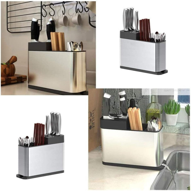 3 Compartments Knife and Cutlery Organizer with Draining Bottom Tray