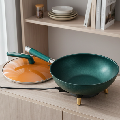 Green wok with orange interior on a blue background