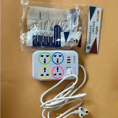 Techmanistan Multipurposed Charging Extension 2 Meter Cable 4 Universal Sockets Wired Cord With 3 USB Ports