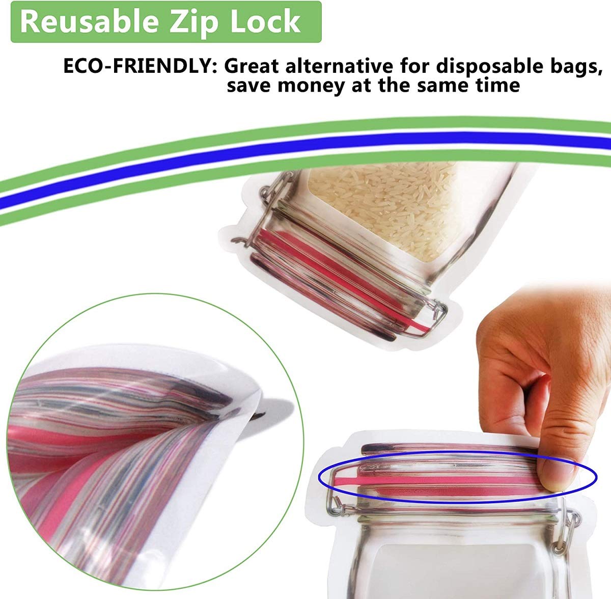 Set of 3 - Reusable Transparent Mason Jar Pattern Zipper Airtight Seal Bags Reusable Portable Food Saver Storage Bags for Travel Picnic Camping, Standup Zip Lock Seal Food Saver Leakproof Storage Bag My Store